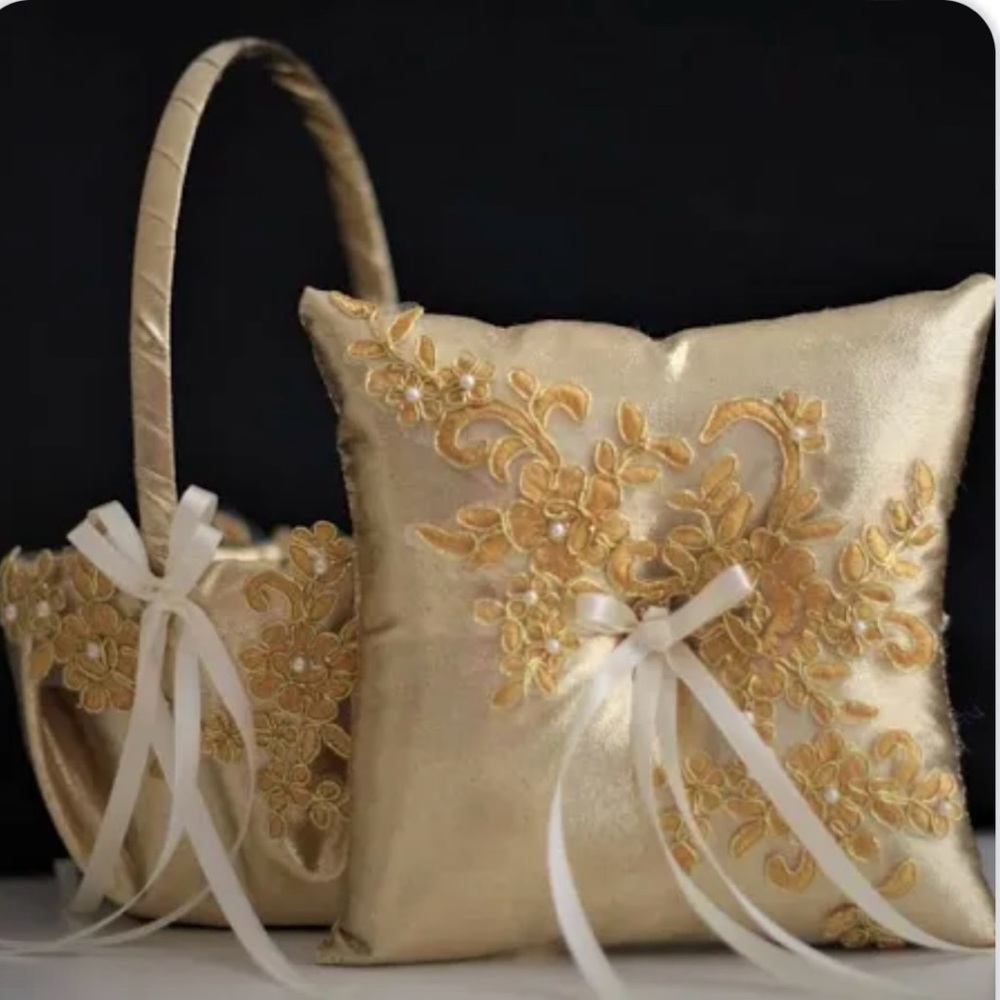 Gold Embroidered Pillow and Basket Set